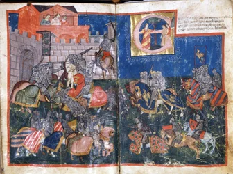 Oblężenie Pampeluny w Hiszpanii przez miniaturę Karola Wielkiego z „Entree of Spain””. Wenecja z XIV wieku, Biblioteca Marciana.