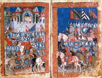 Oblężenie Pampeluny w Hiszpanii przez miniaturę Karola Wielkiego z „Entree of Spain””. Wenecja z XIV wieku, Biblioteca Marciana.