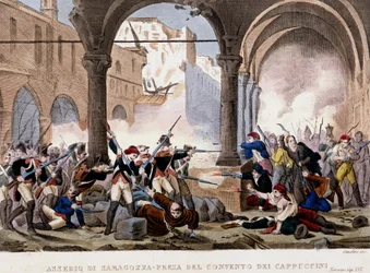 Oblężenie Saragossy (Saragossa) i klasztor kapucynów w 1808 roku. Kolorowy grawerunek z epoki. Mediolan