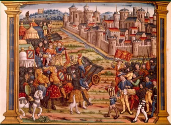 Oblężenie miasta z bombami: Ludwik XI przeciwko Liegeois. Miniatura pochodzi z rękopisu „Les epitaphes des feux kings Ludwik XIth o tym imieniu i od Karola, jego syna VIII o tym imieniu, który bóg absoe””