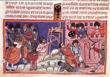 Oblężenie ufortyfikowanego miasta. Miniatura z kodeksu o faktach Julesa Cezara (101 p.n.e.-44 p.n.e) Wenecja z XIV w., Biblioteca marciana
