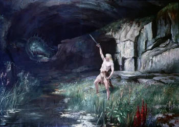 Zygfryd, stojąc twarzą do smoka Fafnera, machnął mieczem. Scena opery „Pierścień Nibelungów” Richarda Wagnera (1813 - 1883). Obraz.