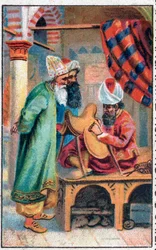 Sindbad robi siodło. Cudowne przygody Sindbada (Sindbada) żeglarza. Popularna opowieść o 1001 nocach (tysiąc i jedna noc). Chromolitografia z końca XIX wieku.