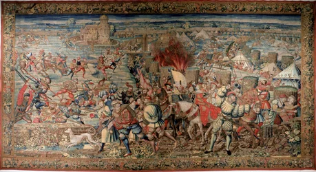 Szósta wojna włoska (1521-1526): przedstawienie bitwy pod Pawią 24/02/1525, w której Franciszek I został pokonany przez Karola V. Gobelin. Neapol, Museo Nazionale di Capodimonte.