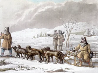 Sanie Kamtchadales ciągnięte przez psy, Syberia. Rysunek Galliny fa. Biblioteka Sztuk Zdobniczych w Paryżu. „”Strój starożytny i współczesny””