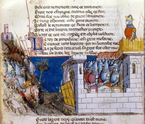 Pieśń gestu: armia szykuje się do ataku na armię wroga, schronioną w zamku i chronioną przez zwodzony most. Miniatura z rękopisu francusko-włoskiego „”Entree d