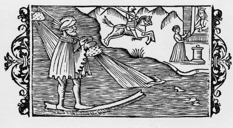 Czarownik przechodzący przez morze w drodze loterii - w "Historii narodów Północy" Olausa Magnusa, Rzym 1555