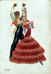Hiszpańskie tancerki flamenco w tradycyjnych strojach.