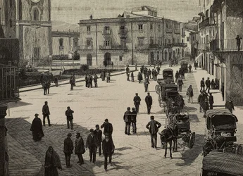 Plac i ratusz w Monreale, powstanie Fasci Siciliani, Włochy, rycina ze zdjęcia E. Interguglielmi z L