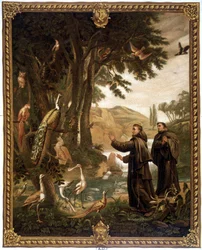 Św. Franciszek z Asyżu rozmawiający z ptakami - chromo z XIX wieku odtwarzające obraz z XVIII wieku.