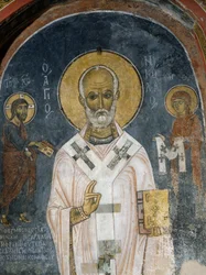 Św Mikołaj z Miry, fresk (XII w.), Kościół Ayios Nikolaos tis Steyis (Święty Mikołaj z Dachu) (XI w.) (Lista Światowego Dziedzictwa UNESCO, 2001), góry Troodos, Cypr