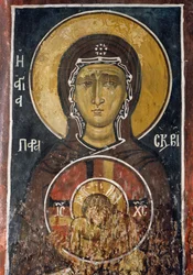 Św. Paraskevi, personifikacja Wielkiego Piątku trzymająca ikonę Chrystusa Najwyższej Pokory, fresk (1332-1333), bizantyjski kościół Matki Bożej z Asinou (XII w.) (Lista Światowego Dziedzictwa UNESCO, 2001) Góry Troodos, Cypr