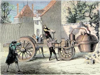 Pojazd parowy wynaleziony przez Nicolasa Josepha Cugnota (1725-1804), który w 1770 roku wymyka się spod kontroli i przewraca część muru - pierwszy odnotowany „wypadek samochodowy” - w „Album de la Science; wybitni uczeni; Wielkie Odkrycia”, 1896