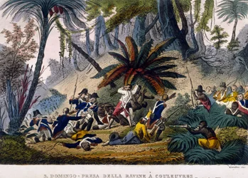 Zrobione de la Ravine w Works w dniu 23.02.1802. Wyprawa Leclerca, która otacza oddziały Francois Dominique Toussaint, znana jako „Toussaint-Louverture” (Toussaint Louverture