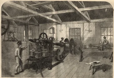 Telegrafia: produkcja kabla transatlantyckiego w zakładzie Glass, Elliot and Company w East Greenwich (Anglia). Grawerowanie w „The Illustrated London News”” z 14 marca