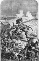 75-letni weteran John Talot został odcięty, by poprowadzić ekspedycję liczącą 3000 ludzi, która zjechała z baru w Guyenne 17 października 1452 roku. Rycina przedstawiająca śmierć Talbota w bitwie. Rycina XIX wieku.