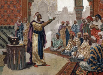 Arabski alchemik Geber (Jâbir ibn Hayyan) (v721-v815), zachwycający chemią. Barcelona 1881