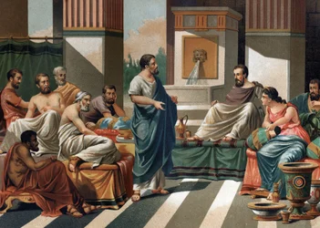 Bankiet Periandra (Tyrana lub Króla Koryntu) dla siedmiu mędrców Grecji. od lewej do prawej: Bias, Esop, Anacharis, Cleobule, Solon, Pitagoras, Periander i jego żona Melisse.Po „”La Ciencia y sus Hombres by Louis Figuier””. Barcelona 1