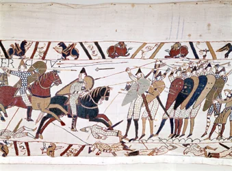 Bitwa pod Hastings, wygrana przez Wilhelma I Zdobywcę (1027-1087) w dniu 14.10.1066 i podczas której zginął król Anglii Harold II (1022-1066). Gobelin z Bayeux, znany jako Haft królowej Matyldy