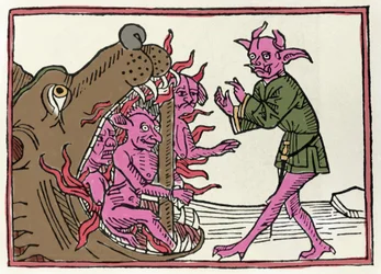 Proces Beliala: „Demon Belial powracający do wejścia do podziemi”; rycina z „Procesu Beliala” Jacobusa de Teramo (lub Palladina), Augsburg
