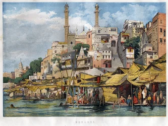 Ghat Benares w Indiach (dzisiejszy Vanarasi) (ghat oznaczający stopnie pokrywające brzegi rzek oraz brzegi basenów i zbiorników, które pozwalają schodzić w kontakcie z wodą). Grawerowanie z 1857 roku.
