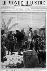 Misja Brazza w Afryce Zachodniej: Pietro Paolo Savorgnan di Brazza lub Pierre Paul Francois Camille Savorgnan de Brazza (1852-1905) organizujący 14 grudnia konwój przewoźników Batekes do Franceville (Gabon)