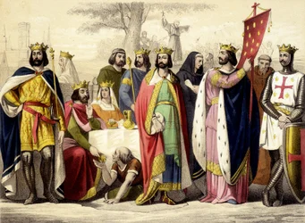 Kapetyjczycy od 987 do 1137. Hugues Capet, Robert 1er Konstancja, Filip 1er, Ludwik VI i Ludwik VII. Rycina XIX wieku.