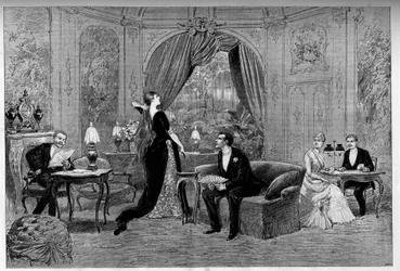 Hrabia Riverolles, Francine, Stanislas de Grandredon, Therese Smith i Henri de Simeux, bohaterowie sztuki „Francillon”, komedii Aleksandra Dumasa (1824-1895) granej w Comedie-Francaise (1887) w Paryżu. Grawerowanie w „” Le monde illustriou