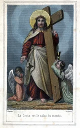 Krzyż jest zbawieniem świata. Popularne wyobrażenia o Chrystusie niosącym krzyż. Obok niego stoją dwa anioły. Około 1850 roku.