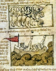 Krzyżowcy podróżujący do Ziemi Świętej. Od „Pielgrzymki do Ziemi Świętej”. Rękopis z XII wieku. Biblioteca Marciana, Wenecja.