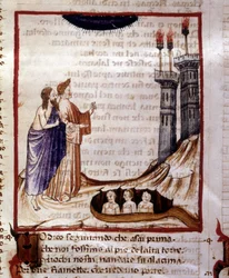 Boska komedia Dantego Alighieri. Piekło. Miniatura przedstawiająca miasto Dity. Rękopis z XIV wieku. Biblia Miejska z Rimini.