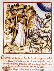 Boska komedia Dantego Alighieri. Miniatura przedstawiająca Dantego, Wergiliusza i trzy bestie. Rękopis z XIV wieku. Biblia Miejska z Rimini.
