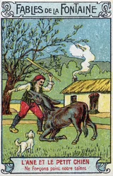 Osioł i piesek - Bajki Jeana de La Fontaine (1621-95) Chromolitografia z końca XIX wieku Kolekcja prywatna