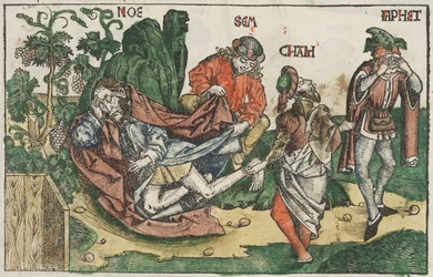 Pijaństwo Noego, ok. 1483-95 (drzeworyt ręcznie kolorowany)