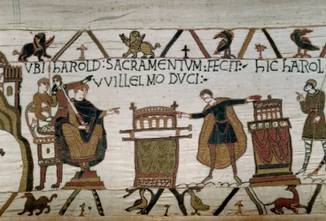 Książę Normandii Guillaume Zdobywca (1027-1087) uczynił rycerza Harolda, który złożył przysięgę wierności na dwa relikwiarze Fragment gobelinu z Bayeux lub haftu królowej Matyldy