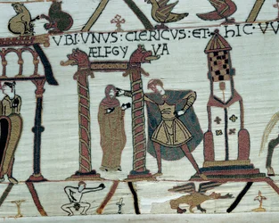 Książę Normandii Wilhelm Zdobywca (1027-1087) obiecuje Haroldowi w małżeństwie swoją córkę Aelfgyve. Lewy dolny obraz przedstawia nagiego mężczyznę. Detal gobelinu z Bayeux lub haftu królowej Matyldy