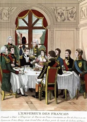 Cesarz Francji Napoleon I w Tilsit, przyjmując w Tilsit cesarza Rosji, księcia Konstantyna, króla pruskiego, jego żonę, księcia Henryka i wielkiego księcia Bert, wznosi toast za zdrowie królowej Prus. Grawerunek z początku XIX wieku