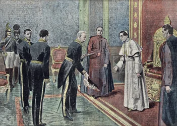 Francuski ambasador Jonnart wręczający listy uwierzytelniające papieżowi Benedyktowi XV (1914-1922) Ilustracja z "Le pelerin" z czerwca 1921 r.