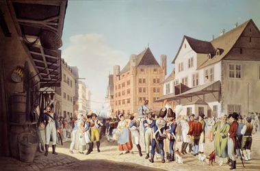 Francuskie wojska 24 pułku piechoty opuszczają Frankfurt z generałem Augereau Grawerowanie 1808 Frankfurt, muzeum historyczne