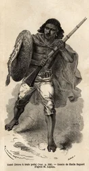 The Game, czyli odważny, ma trzy włosy, abisyński strzelec. Grawer ilustrujący podróż do Abisynii w 1862 r. autorstwa Guillaume Lejean w „Le tour du monde, nouveau journal des voyages” wydanej pod kierunkiem Edouarda Chartona
