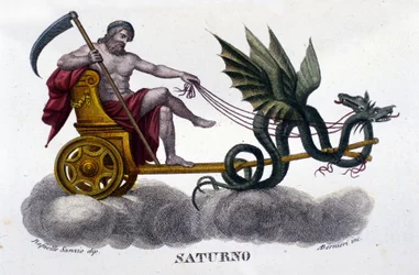 Bóg Saturn (lub Kronos) na rydwanie ciągniętym przez dwa smoki. Według ilustracji Raffaella Sanzia. Rycina z XIX wieku.