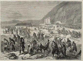 Powstanie w Dalmacji (Bocche di Cattaro) - powstanie przeciwko poborowi narzuconemu przez rząd austriacki - WYDARZENIA W DALMACJI. buntownicy atakujący państwowy fort trinita w pobliżu kataro (Bouches of Kotor) - Zatoka Kotorska - 1869 -