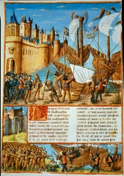 Król Francji Ludwik IX (Święty Ludwik) (1214-1270) wyrusza na siódmą krucjatę. Miniatura z dzieła Sebastiena Mamerota „Les passages faits Outremer par les Français contre les Turks et autres Sarrazins et Moures Outremarine”