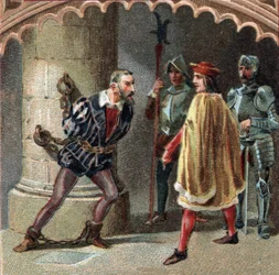 Król Francji Ludwik XII każe uwięzić Ludovica Marię Sforzę, zwanego Maurem (Ludovico Maria Sforza detto il Moro) (1452-1508), w zamku Loches w Turenii. Chromolitografia z końca XIX wieku.