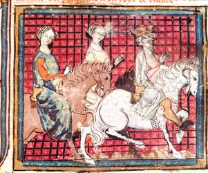 Król Franków Chilperic I (543-597) i Fredegonde koń Miniatura z „Grandes Chronicles de France”” 1375-1379 Biblioteka Miejska, Castres