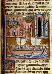Rycerze wyruszyli na wyprawę krzyżową. Miniatura zaczerpnięta z „”La quete du Holy Grail et la mort du roi Arthur”” Roberta De Borron (ou Boron) (1147-1170) Około 1280 Paryż, B.N.