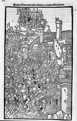 Rycerze z Rodos (Zakon Szpitalników św. Jana z Jerozolimy) atakujący Rhode Island w „Rhodiorum Historia” autorstwa Guilelmus Caorsin, Ulmae, Joh. Reger 24 października