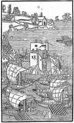 Rycerze z Rodos (Zakon Szpitalników św. Jana z Jerozolimy) atakujący Rhode Island w „Rhodiorum Historia” autorstwa Guilelmus Caorsin, Ulmae, Joh. Reger 24 października