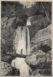 Wodospad Linklater - XIX-wieczna ilustracja do powieści historycznej „Purytanie Szkocji” (Stara śmiertelność) Waltera Scotta (1771-1832)