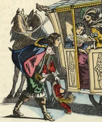 Markiz de Carabas wita króla i księżniczkę w ich powozie. Ilustracja do baśni „Kot w butach” Charlesa Perraulta